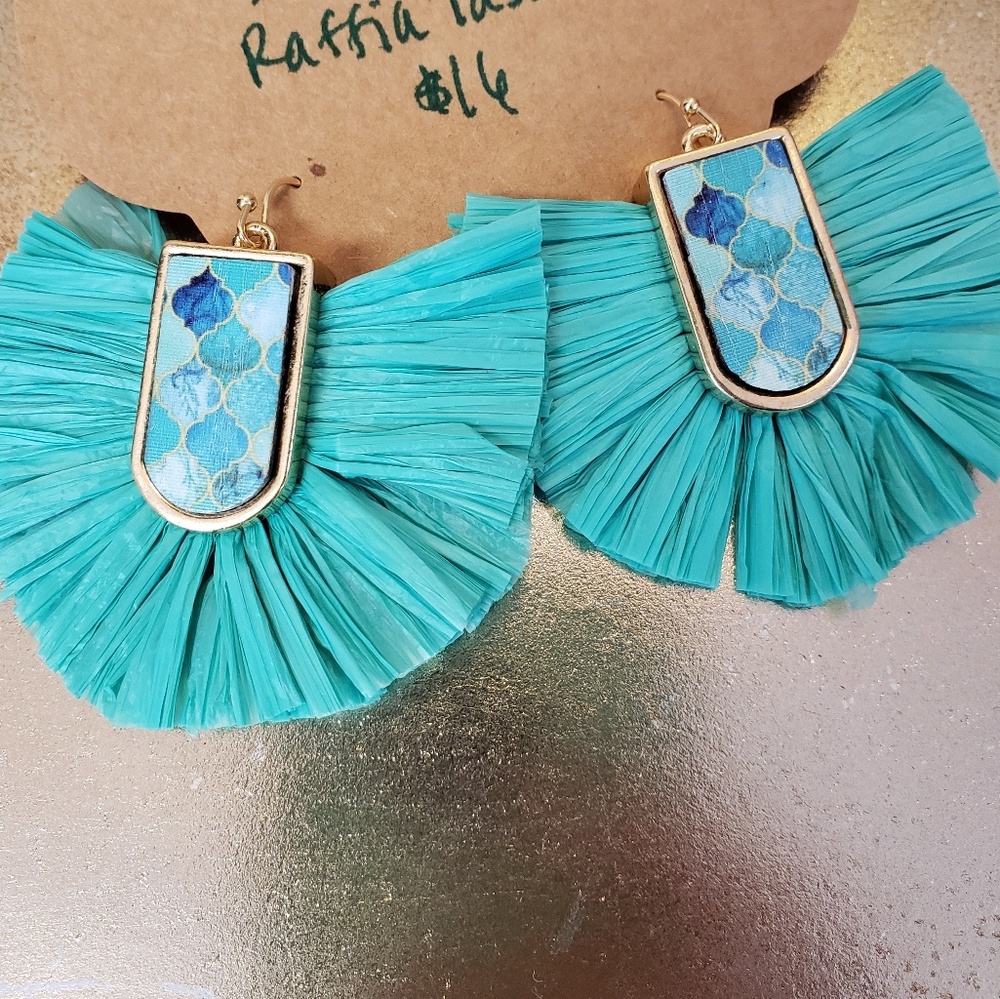 Aqua Raffia Fan Earrings